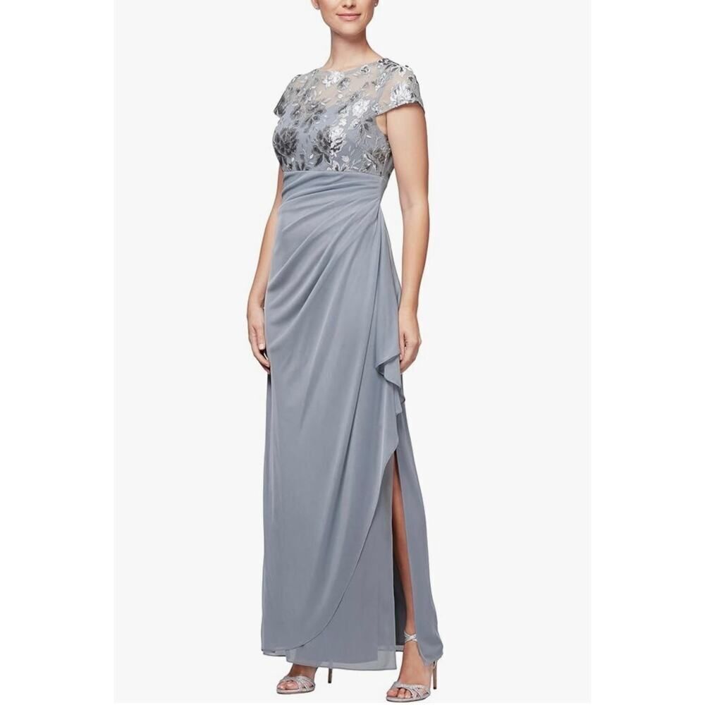 Alex Evenings Maxi Gown Women's 6 Gray Empire Waist Lace Ruched Short Sleeve